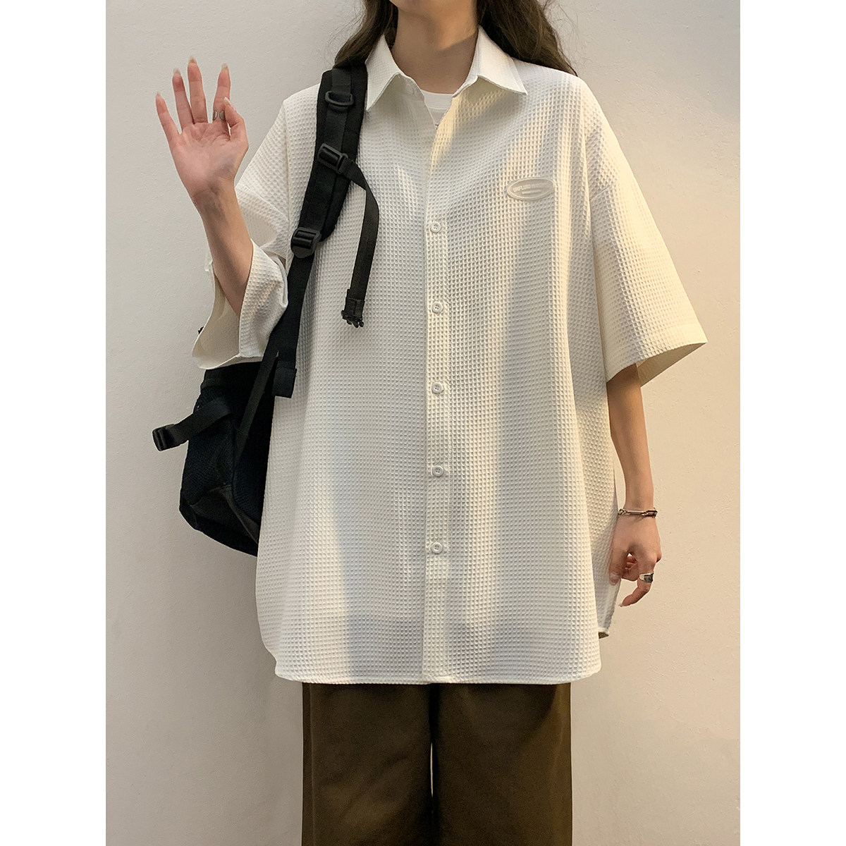 中性风2024年夏季华夫格美式衬衫短袖宽松情侣装Polo女23022-P48,女装衬衫,电商C213(原B265)