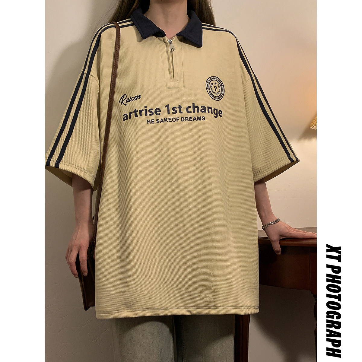 夏装美式高街短袖日系polo衫学院风宽松休闲情侣装T恤女7829-P48,女装衬衫,电商C213(原B265)