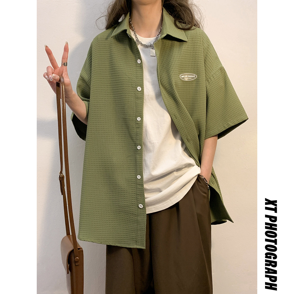 中性风2024年夏季华夫格美式衬衫短袖宽松情侣装Polo女23022-P48,女装衬衫,电商C213(原B265)