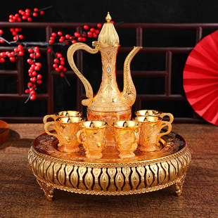 鎏金孔雀镀银酒壶酒具套装 新疆大巴扎影视舞台拍摄道具迪拜同款
