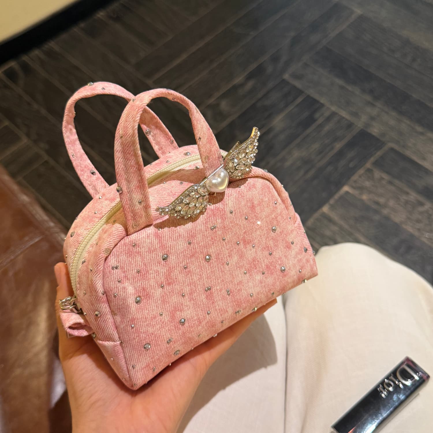 韩系甜美烫钻牛仔手拿包天使翅膀款少女便携随身化妆品收纳包