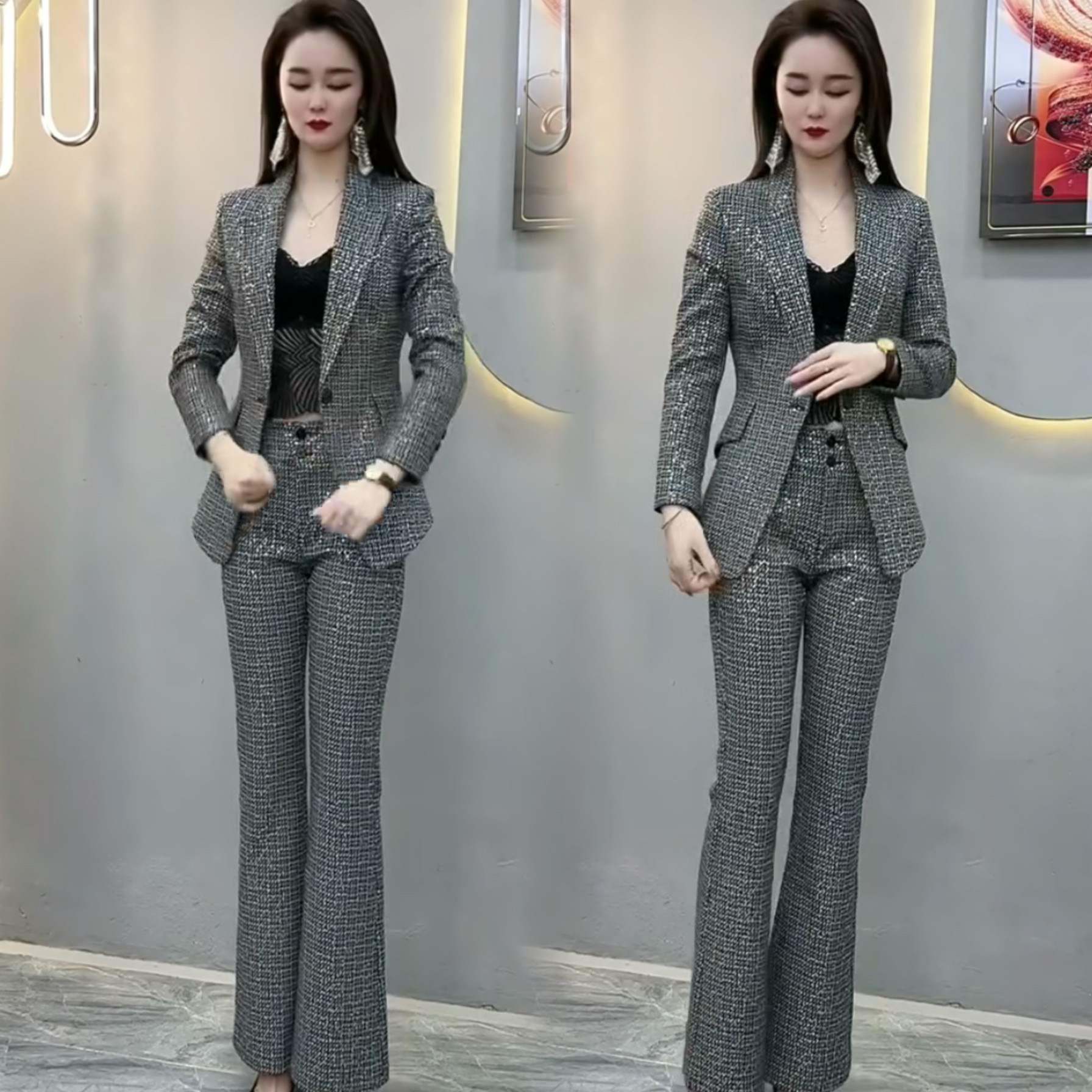 秋冬季新款时尚套装女气质亮片上衣百搭微喇叭长裤加厚外套两件套