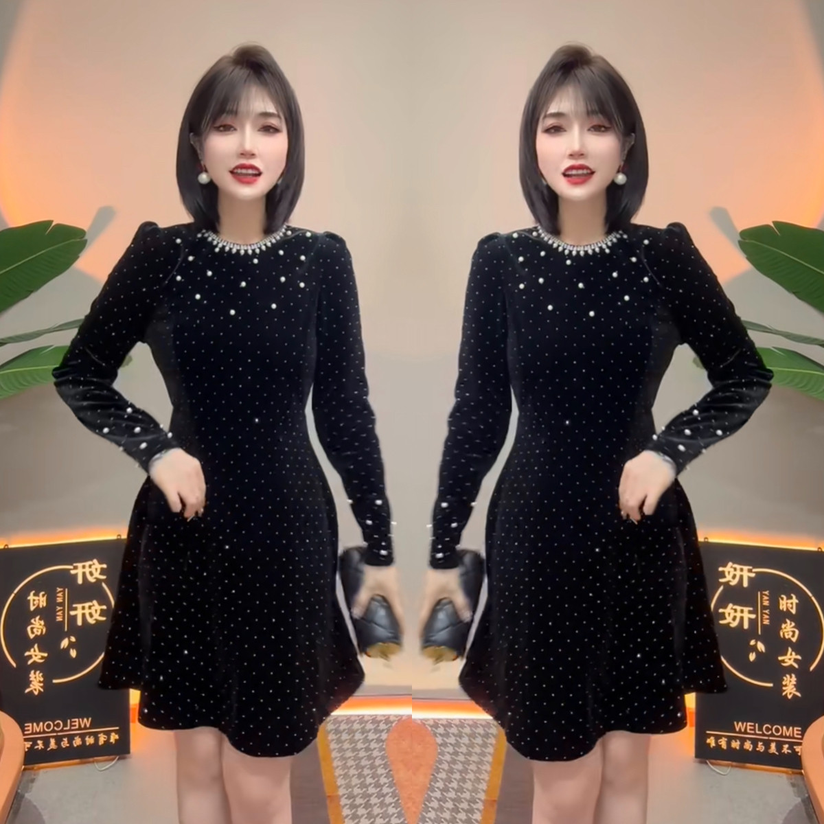 中长款小黑裙2025春秋新款女装重工钉珠烫钻收腰蓬蓬连衣裙