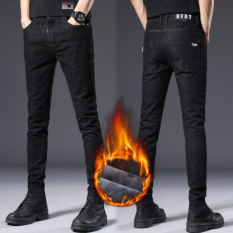 秋冬款加绒牛仔裤男冬季加厚潮牌修身显瘦百搭保暖小脚帅气长裤子