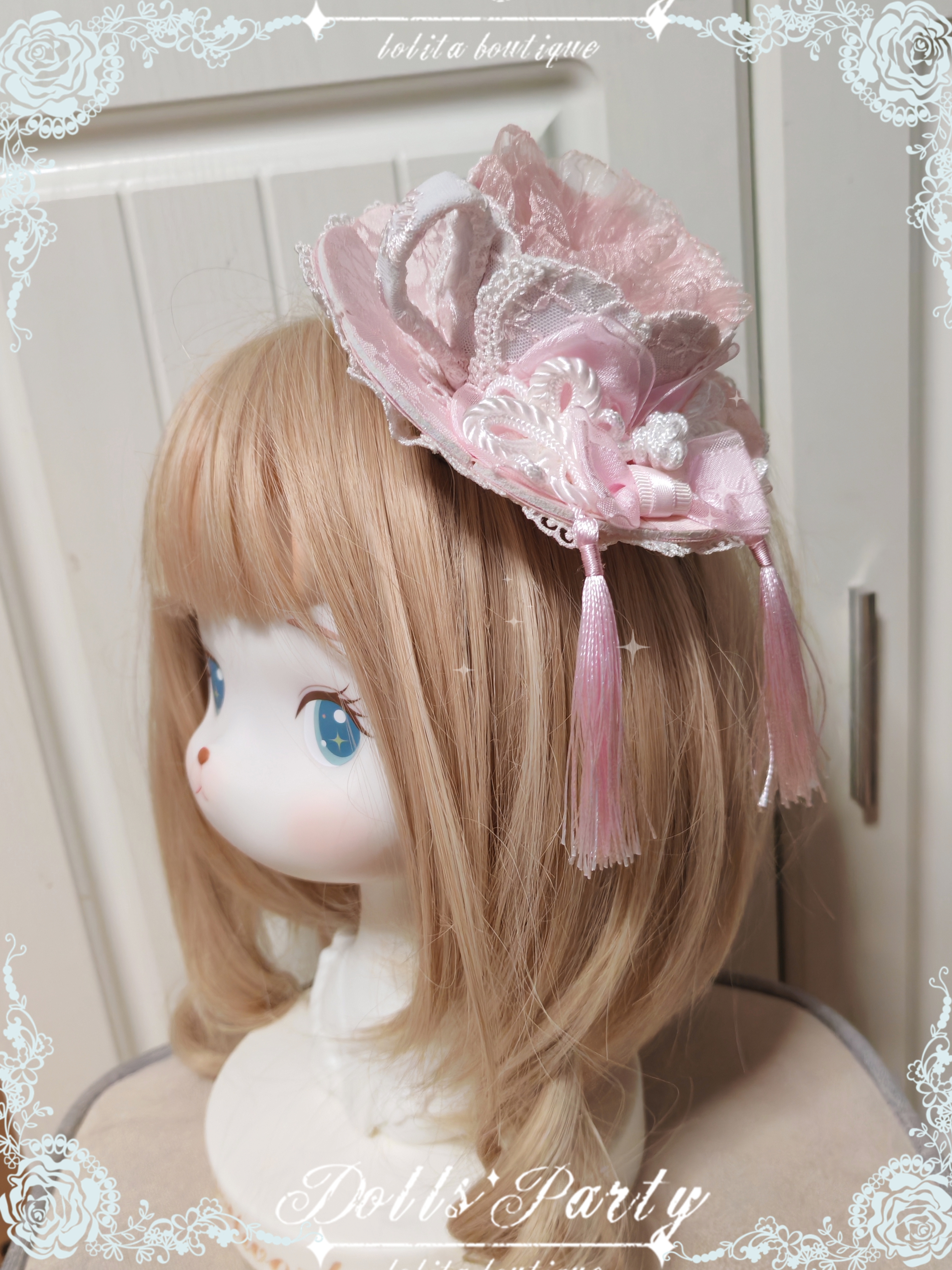 Lolita原创手作中华风茶杯帽甜美蕾丝蝴蝶结礼帽搭配杏花微雨