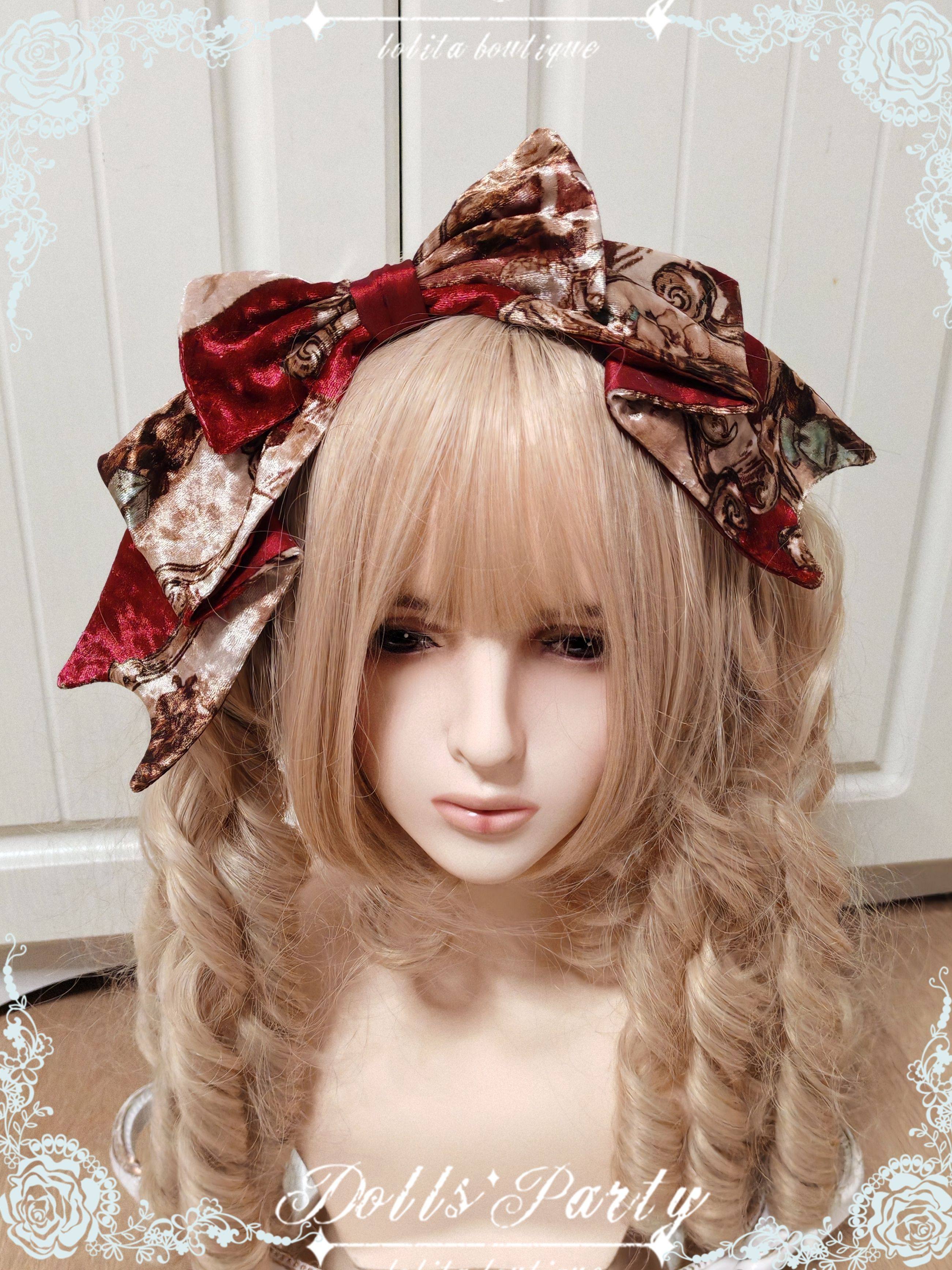 Lolita原创手作小物裙子本布古董人偶绒面大kc边夹颈带酒红黑色