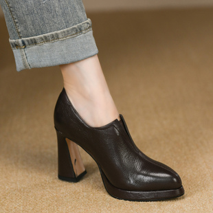 真皮一脚蹬松紧高跟鞋 新款 女9cm 女秋季 复古棕色尖头深口粗跟单鞋