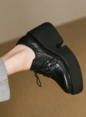 时尚黑色圆头高跟鞋女秋季防水台真皮羊皮系带松糕厚底深口单鞋女