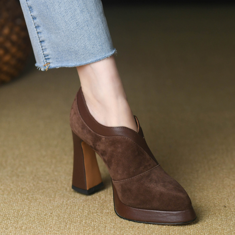 单鞋女复古拼接磨砂真皮粗跟高跟