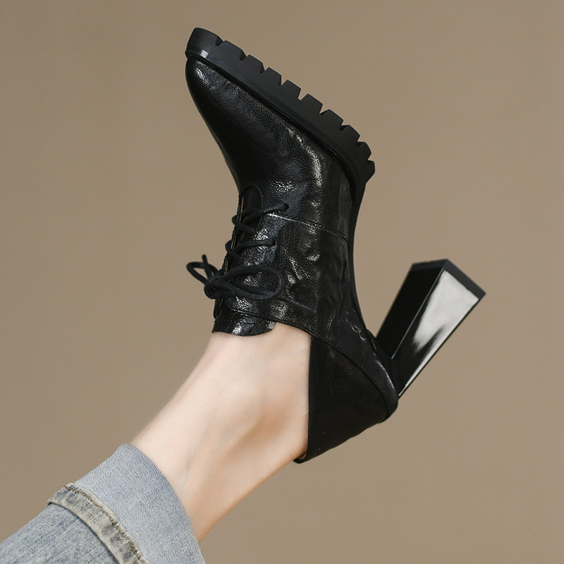 深口厚底尖头单鞋女粗跟2025春秋款真皮系带牛筋底高跟鞋女8.5cm,女鞋,深口单鞋,淘宝优惠券,粉丝福利购,淘宝优惠卷