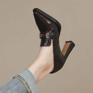 真羊皮金属扣一脚蹬棕色高跟鞋 法式 新款 女粗跟秋季 女9cm 尖头单鞋