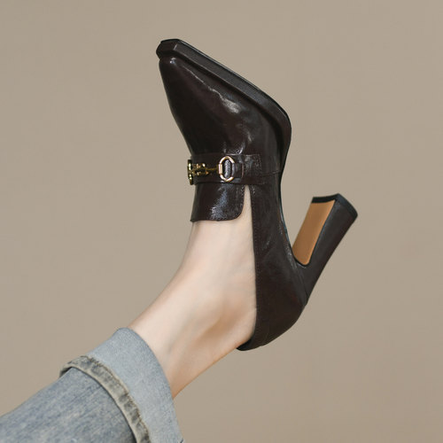 羊皮超高跟粗跟方头深口单鞋女