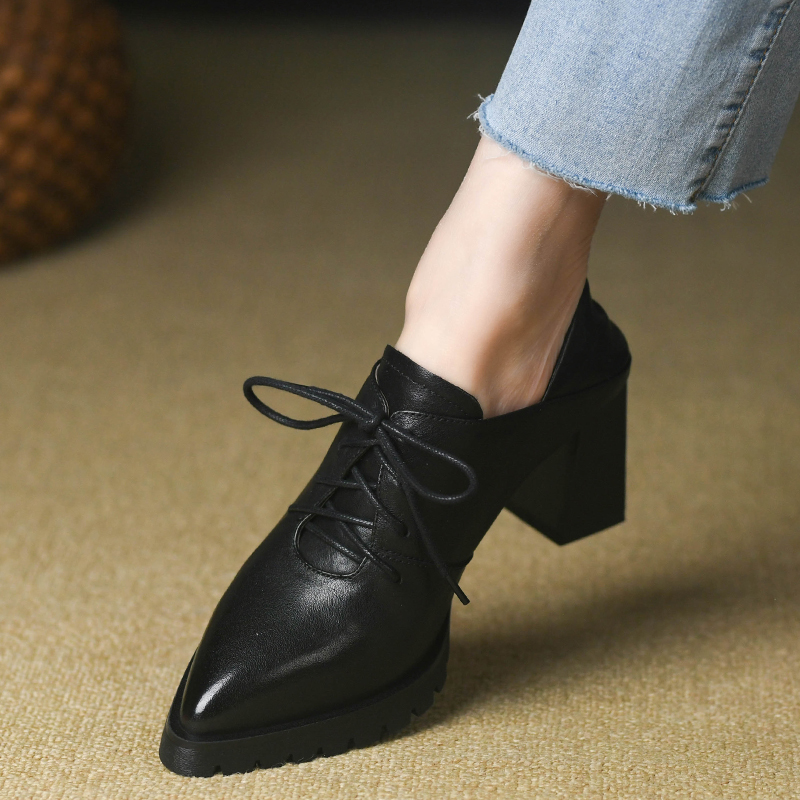 时尚尖头深口系带粗跟高跟单鞋女