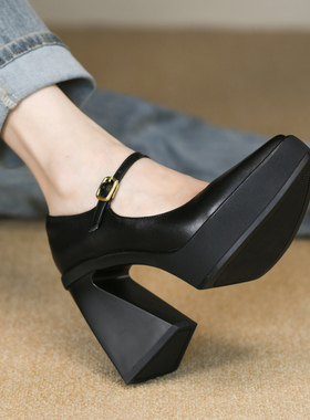 黑色时尚浅口尖头玛丽珍单鞋女粗跟春秋牛漆皮防水台高跟鞋女10cm