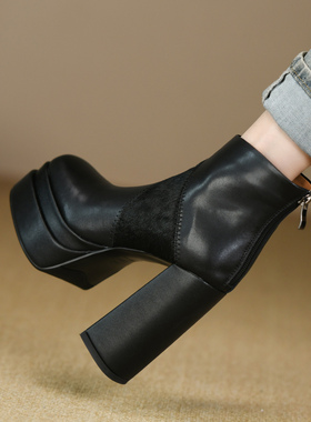 靴子女时尚黑色厚底短靴女粗跟秋冬款拼接真皮防水台高跟鞋女12cm