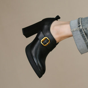 拉链深口单鞋 秋季 式 羊猄皮超高跟粗跟复古尖头皮带扣装 女 新款