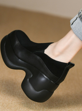 黑色松糕厚底深口单鞋女粗跟秋季拼接真皮一脚蹬防水台高跟鞋9cm