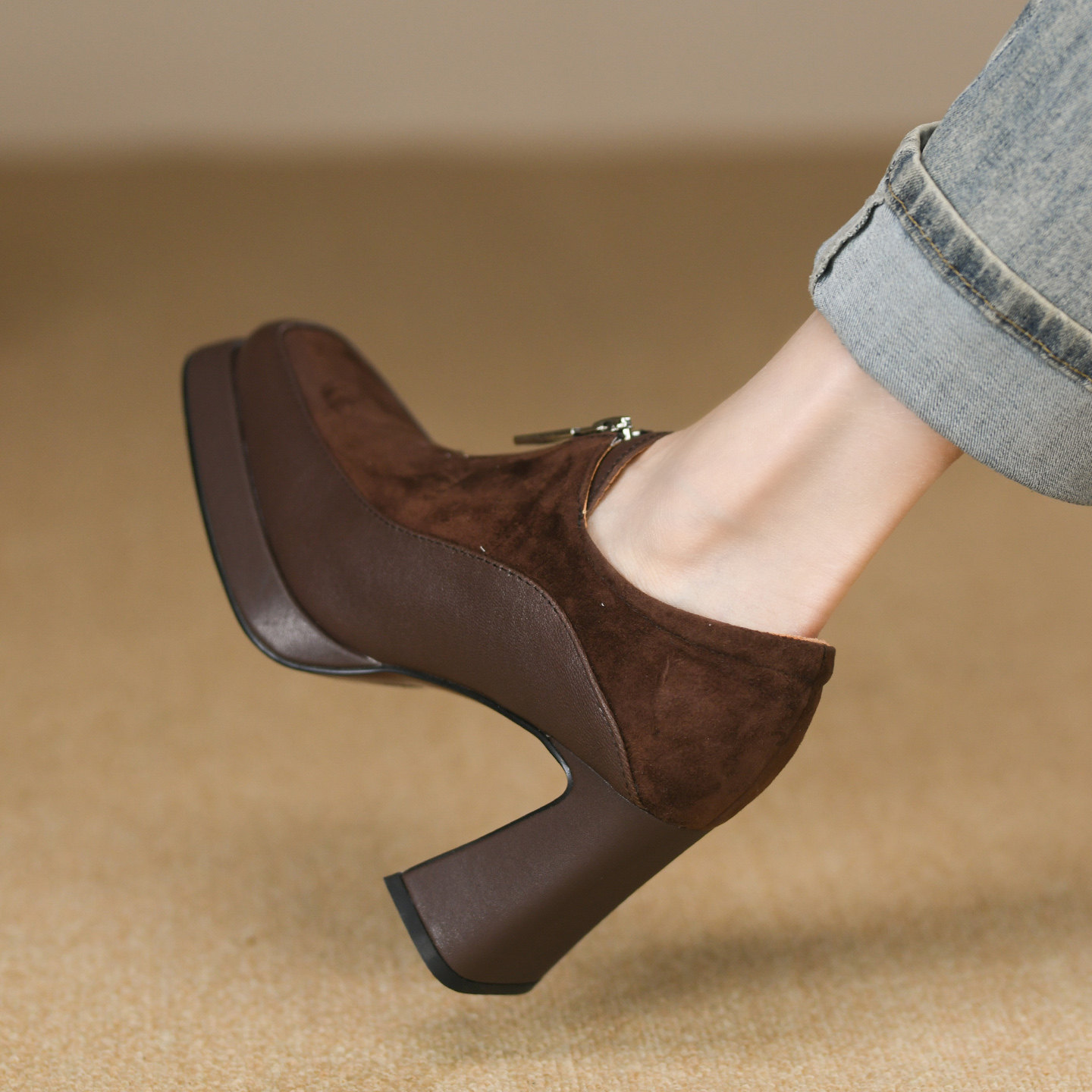 2025年秋季新款超高跟羊反皮粗跟方头厚底拉链一脚蹬深口单鞋女,女鞋,深口单鞋,淘宝优惠券,粉丝福利购,淘宝优惠卷