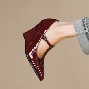 扣带浅口单鞋 9cm秋季 丁字式 头层牛漆皮超高跟坡跟尖头时尚 女 新款