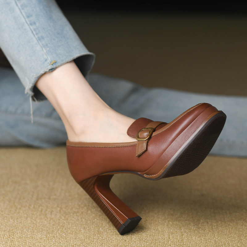 复古真皮厚底皮带扣高跟单鞋女