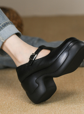 黑色浅口厚底单鞋女高跟秋季新款真皮丁字带防水台粗跟小皮鞋9cm