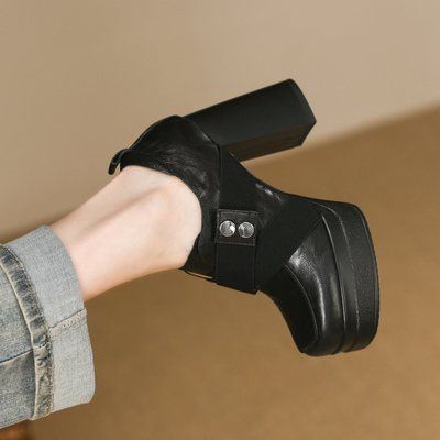 10cm超高跟鞋女秋季新款真皮交叉带防水台黑色深口方头单鞋女粗跟