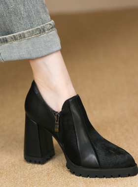 黑色尖头高跟鞋女秋季新款拼接真皮马毛侧拉链深口单鞋女粗跟9cm