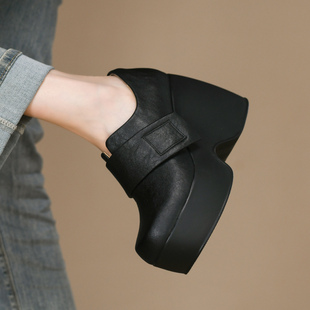 真牛皮魔术贴防水台高跟鞋 新款 女10cm 女粗跟秋季 黑色英伦深口单鞋