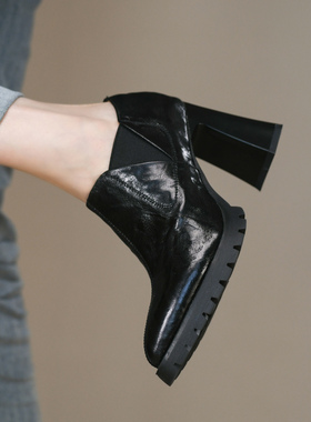 黑色法式尖头深口单鞋女粗跟秋季款真皮松紧一脚蹬高跟鞋女8.5cm