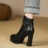 头层牛皮侧拉链皮带扣超高跟鞋 10cm时尚 圆头短靴女粗跟秋冬新款 女