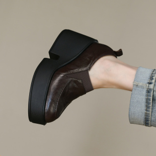 女 真皮松紧一脚蹬防水台高跟皮鞋 复古圆头深口厚底单鞋 女粗跟秋季