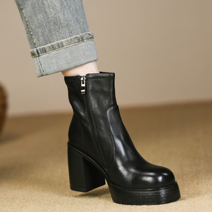 黑色厚底短靴女粗跟秋冬新款 真皮防水台侧拉链英伦高跟裸靴女9cm