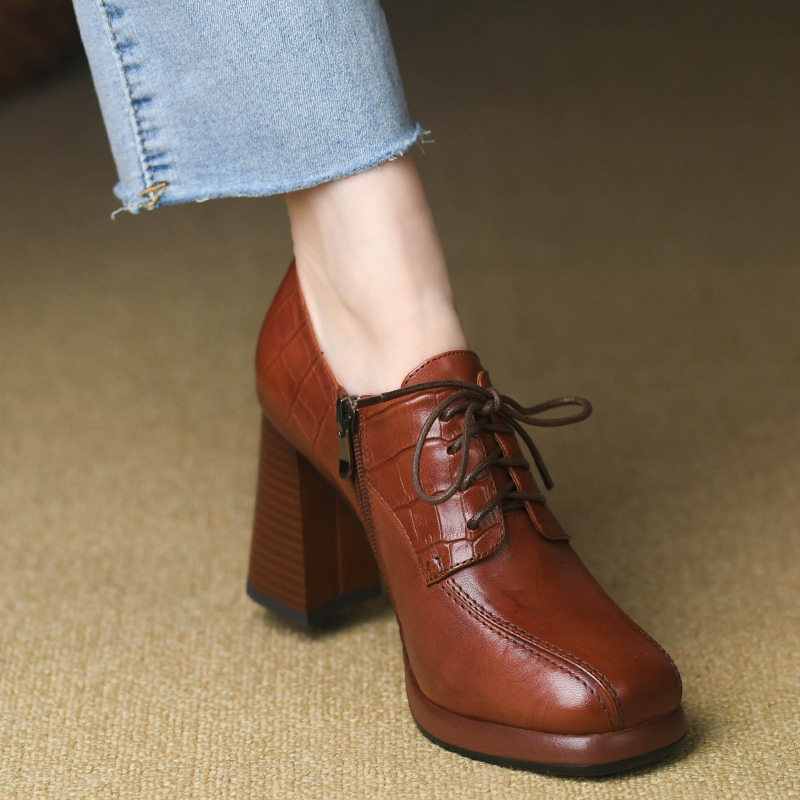 复古方头深口粗跟高跟单鞋女