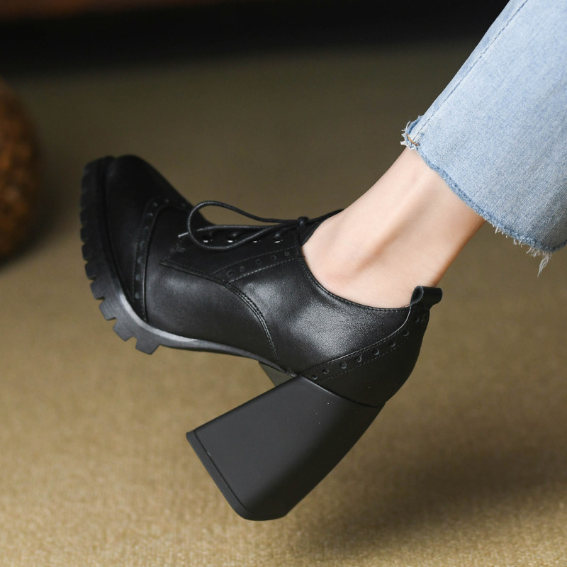 9.5cm黑色超高跟鞋女粗跟2024春秋全牛皮真皮系带尖头深口单鞋女,女鞋,深口单鞋,淘宝优惠券,粉丝福利购,淘宝优惠卷