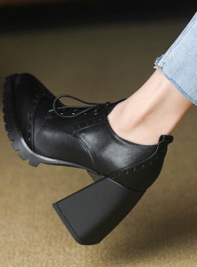 9.5cm黑色超高跟鞋女粗跟2024春秋全牛皮真皮系带尖头深口单鞋女