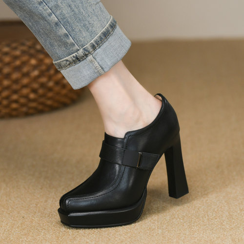 秋季新款方头欧美超高跟粗跟头层牛皮皮带金属装饰拉链深口单鞋女