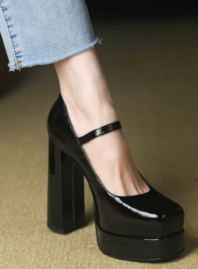 欧洲站黑色方头浅口厚底单鞋女粗跟春秋漆皮防水台高跟鞋女12.5cm