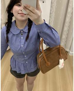 女装 娃娃领收腰显瘦长袖 微胖mm秋季 蓝色格子衬衫 上衣百搭 新款 大码