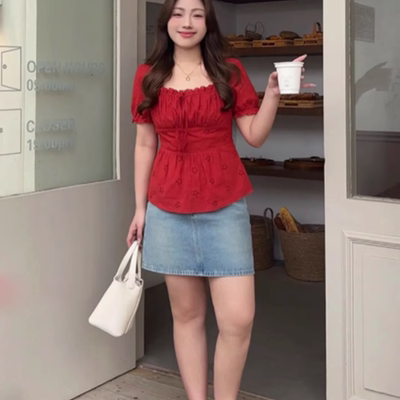 胖MM显瘦大码红色方领衬衫女装夏
