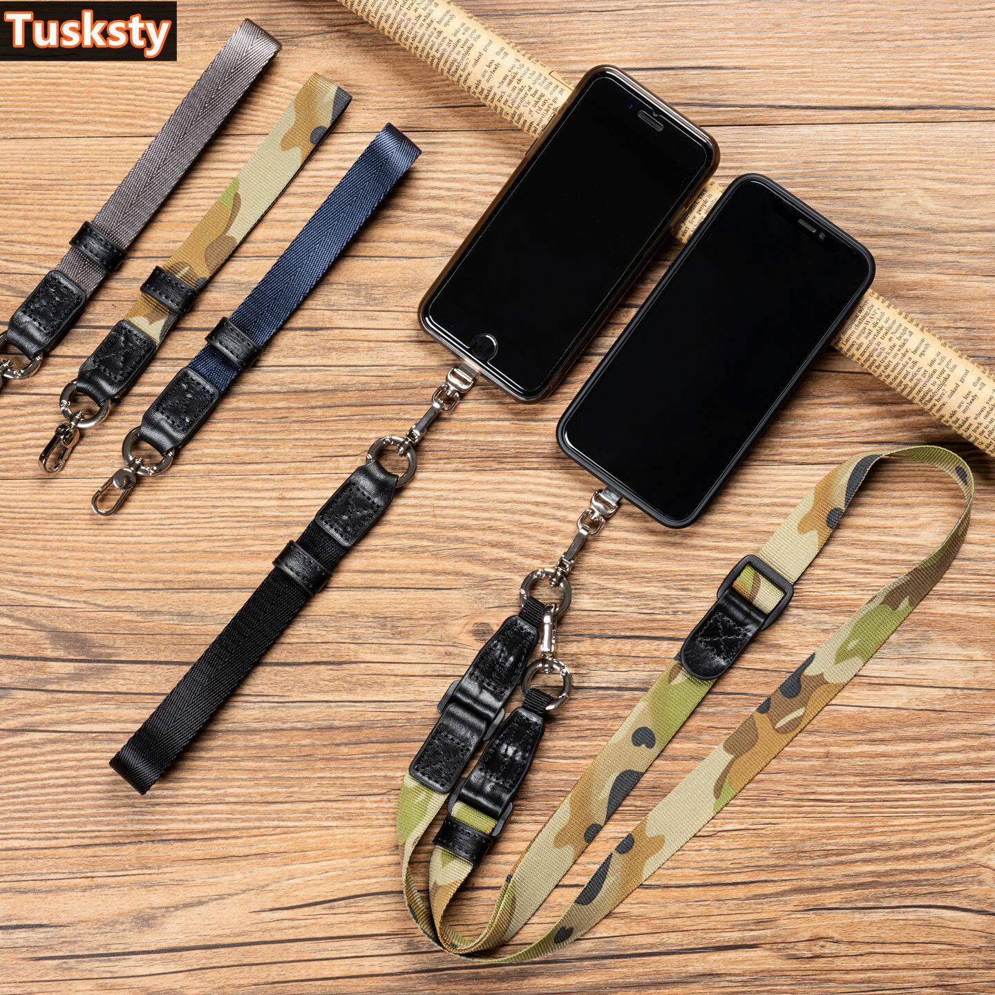 TUSKSTY原创贴片款适用苹果华为手机壳挂绳可调节迷彩斜挂挂脖绳