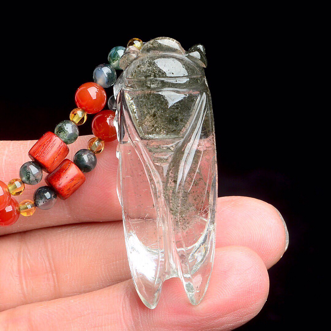 天然绿幽灵水晶金蝉吊坠 绿幽灵一鸣惊人挂件知了项饰0189