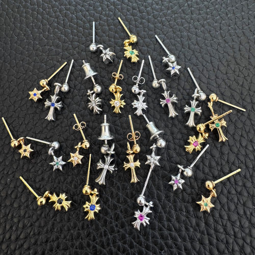 S925银镀金长十字花六芒星耳钉潮