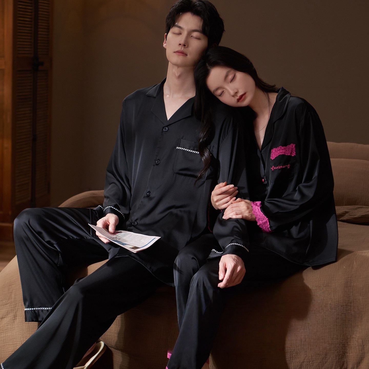 情侣真丝睡衣女春夏季长袖桑蚕丝家居服男士春秋款黑色高级感套装