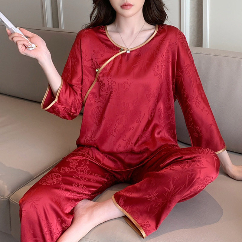红色真丝睡衣女士春秋季薄款长袖长裤两件套国风中式桑蚕丝家居服