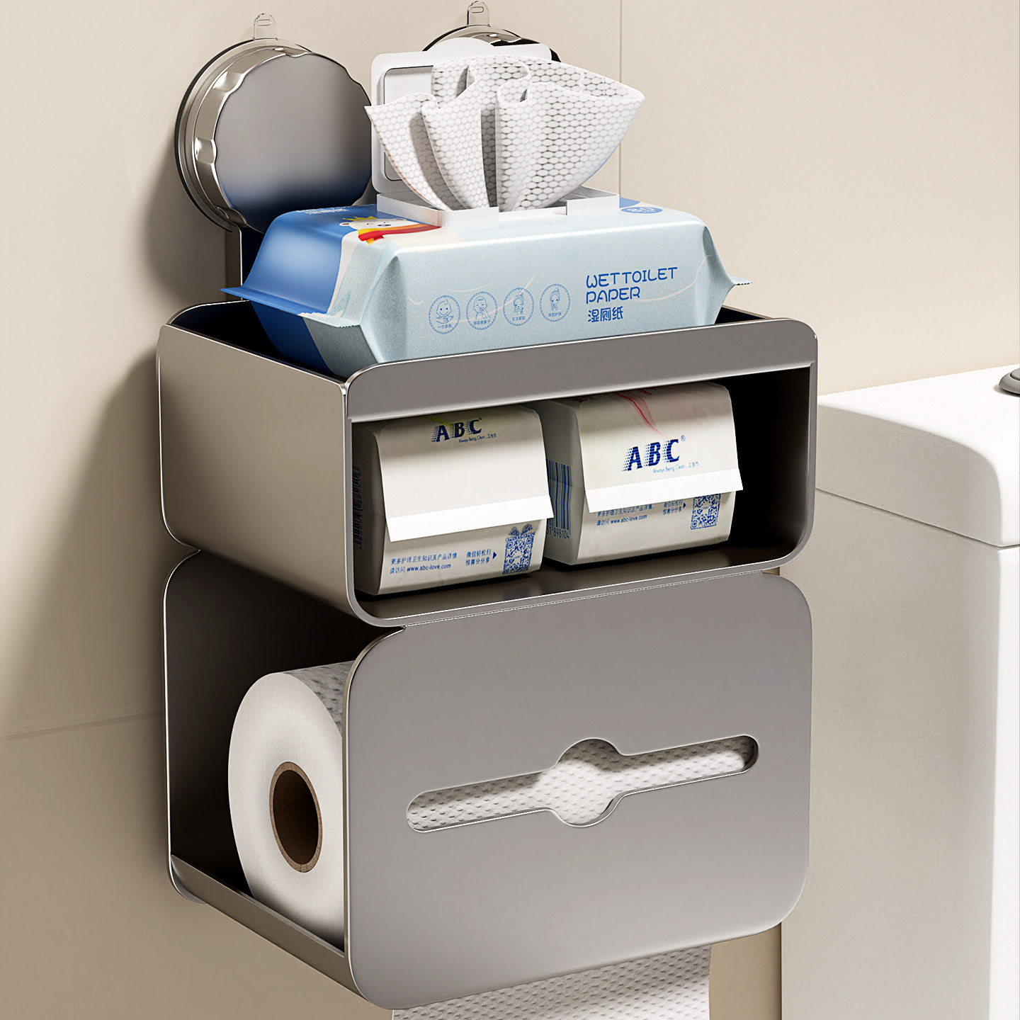 卫生间吸盘纸巾盒浴室置物架枪灰免打孔厕所抽纸厕纸洗手间卷纸架