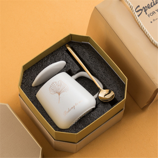 北欧ins陶瓷大肚杯 简约大容量马克杯咖啡家用情侣早餐杯子带盖勺