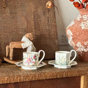 八角杯碟复古花卉陶瓷咖啡杯碟套装 下午茶红茶杯送礼礼品 英式