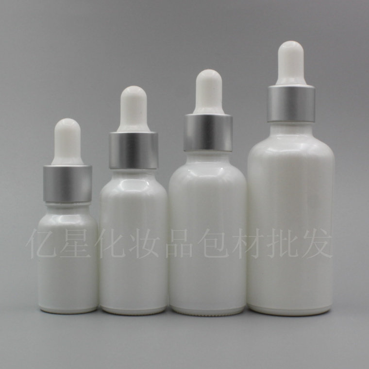 珠光白精油瓶化妆品分装玻璃瓶白色空瓶子哑银圈白胶头10ml-50ml