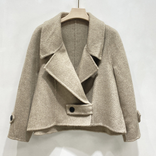 2025秋冬新款双面羊毛外套短款西装领人字纹羊驼绒宽松小外套女款