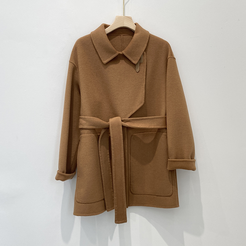 纯羊毛双面呢中长韩版系带